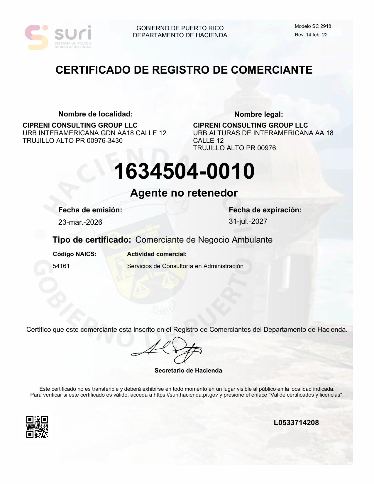 Certificado de Registro de Comerciante